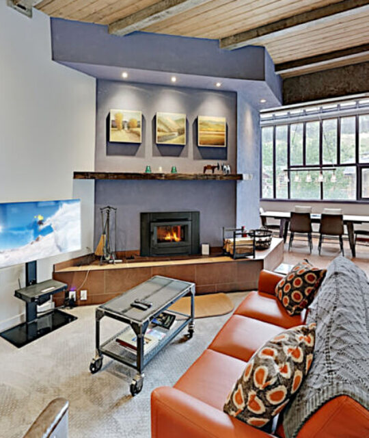 Modern living and dining area with fireplace