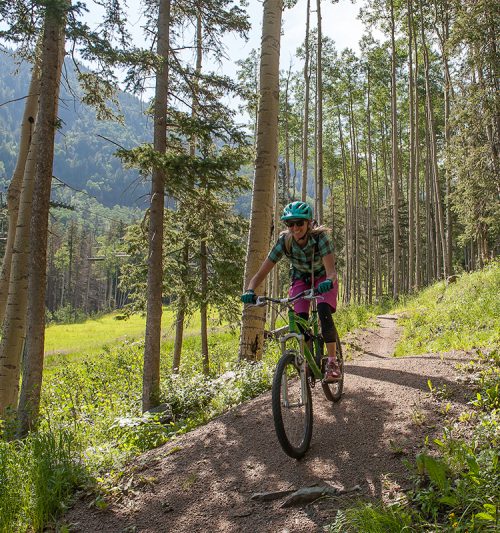 A woman rides a mountain bike down a trail through a grove of aspens in summer
