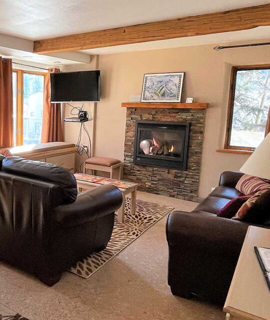 Living room and fireplace in a ski condo