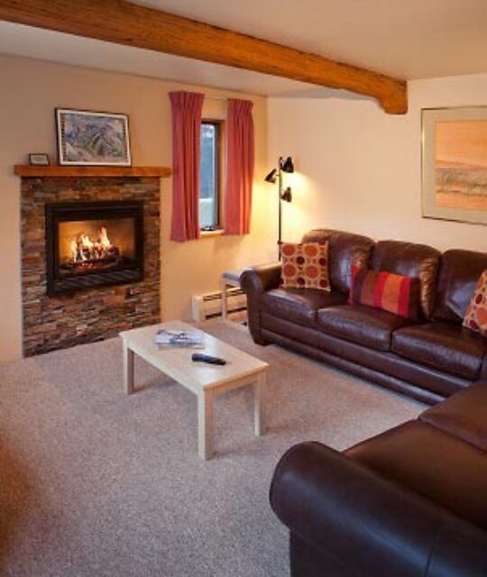 Living room and fireplace at Powderhorn Condominiums ski condo