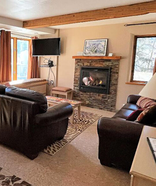 Living room and fireplace in a ski condo