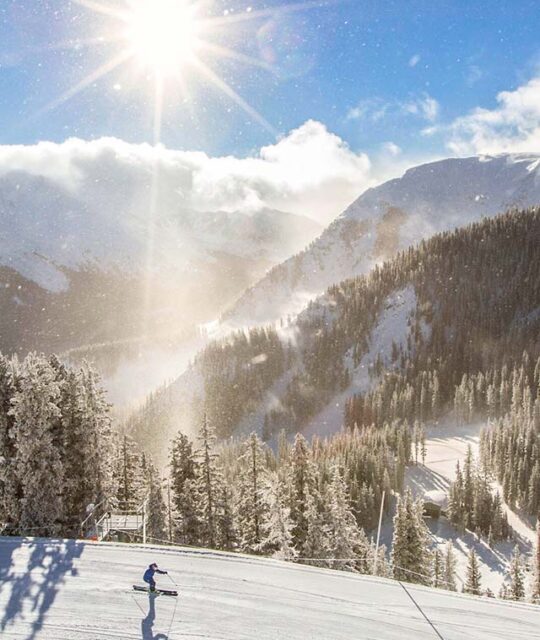 A solo skier cruising with the sun and mountain backdrop.