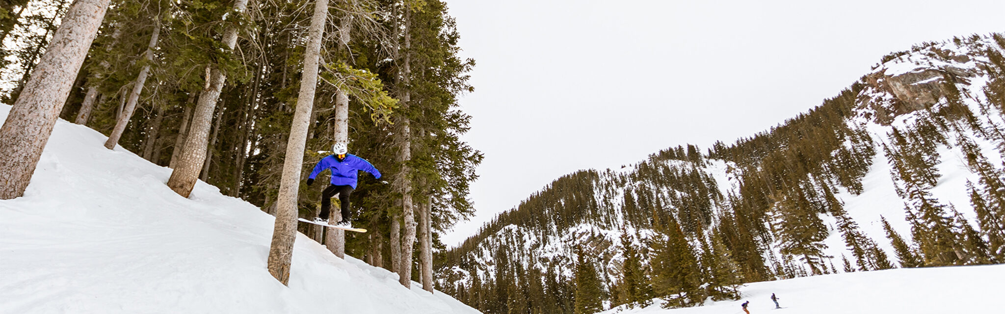 A snowboarder catches air coming out of the trees