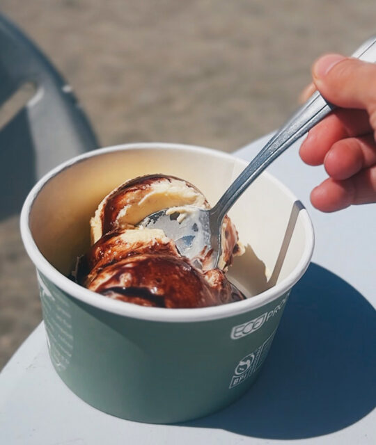 Scoops of vanilla ice cream and chocolate sauce in cup.