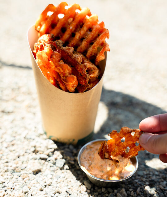 Cup of sweet potato fries and dipping sauce.