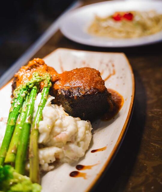 Beef short ribs with mashed potatoes and asparagus from Bent Street Grille