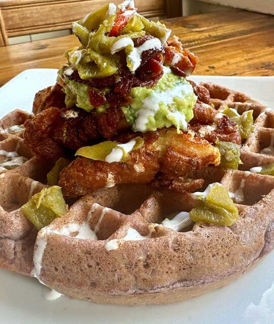Bent Street Grille blue corn waffle and chicken.