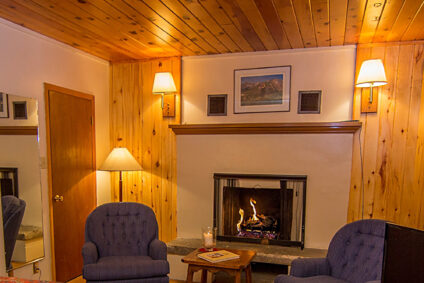 Fireplace in bedroom at the Brownell Chalet