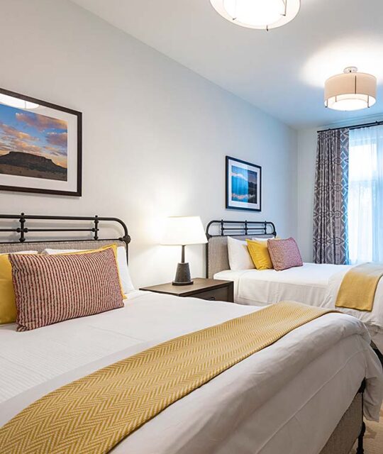 Two beds in contemporary condo bedroom