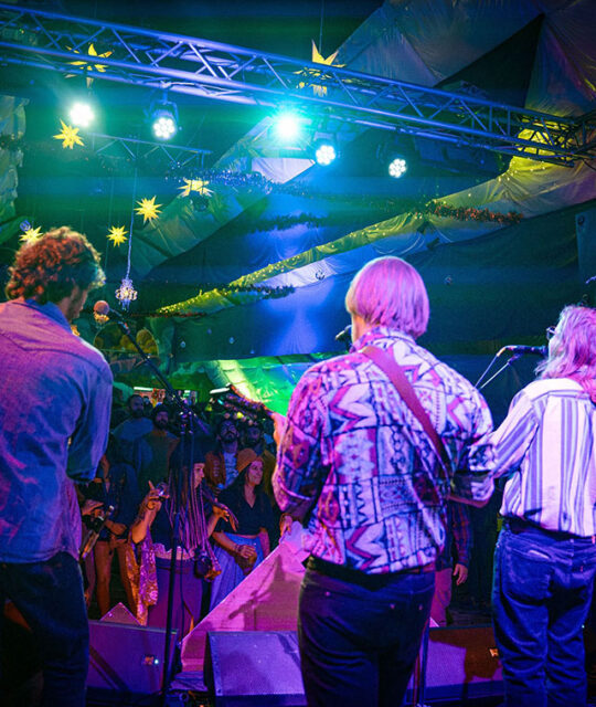 Musicians in band shot from behind looking out at audience.