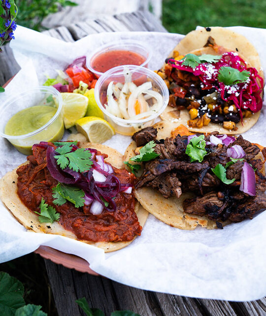 pork taco, steak taco, and black bean taco