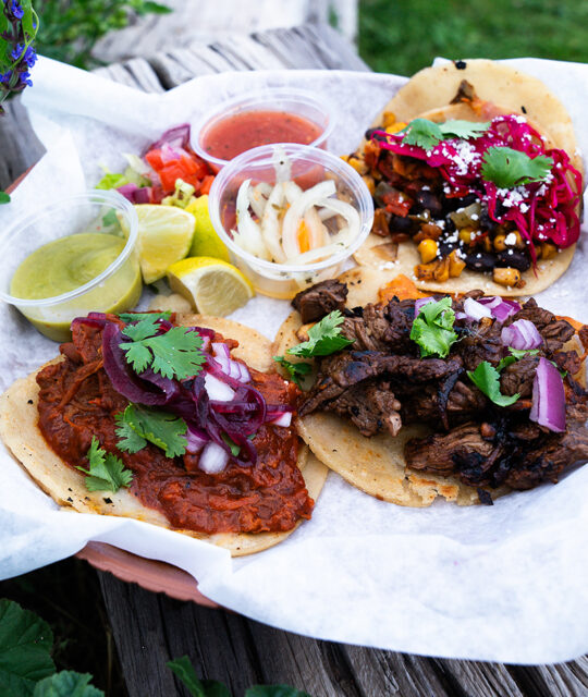 pork taco, steak taco, and black bean taco