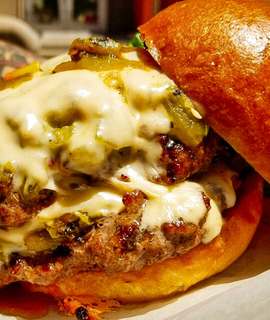 Green chile double meat burger with cheese.