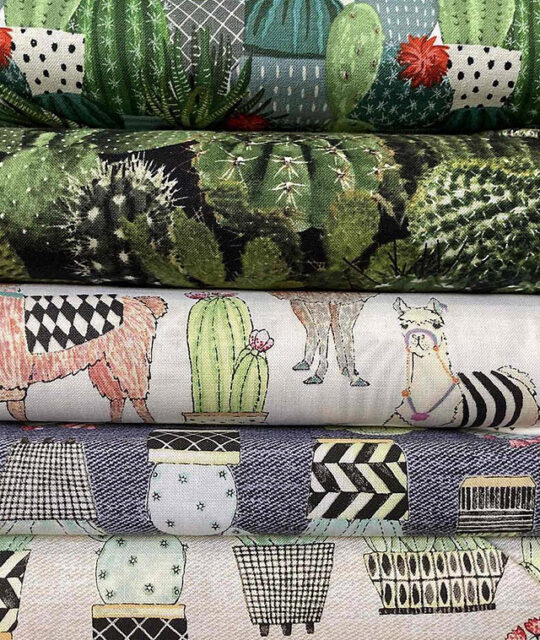 Cactus and alpaca motif printed fabrics.