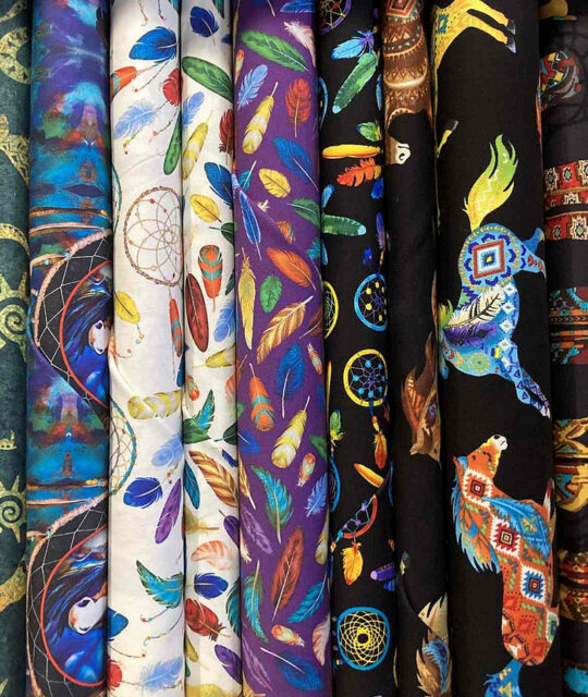 Colorful Southwest motif printed fabrics.