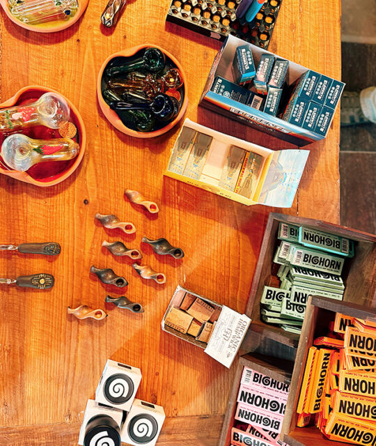 Pipes and papers display at Bighorn Weed in Taos.