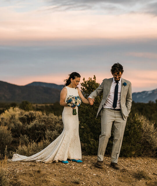 Bride and groom with a beautiful southwest sunset.