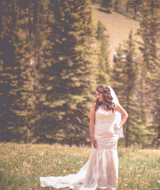 A bride posing in a small meadow with pine trees in the background.