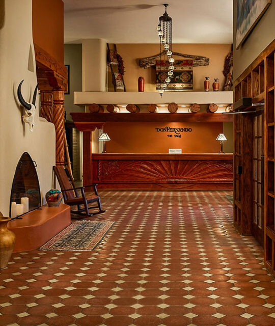 Lobby entrance and fireplace at the Hotel Don Fernando de Taos.