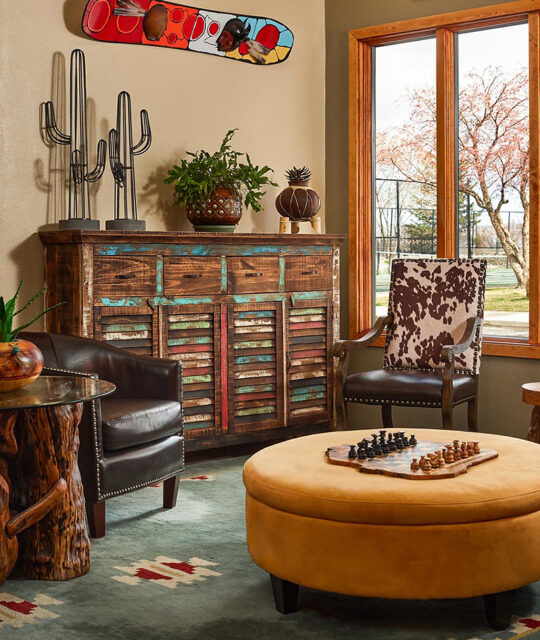 Fun and eclectic southwest decor seating area.