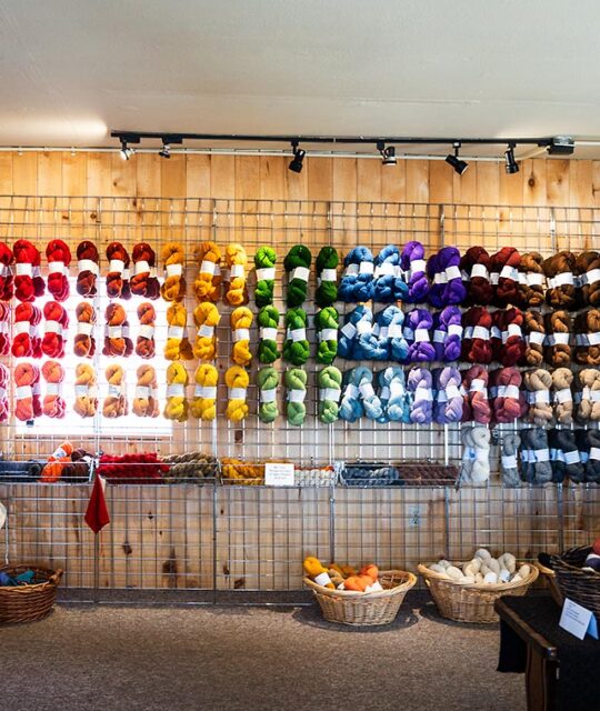 Large display of colorful twisted skeins of yarn.