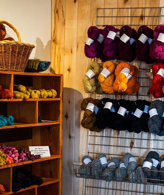 A display of twisted skeins of yarn at Taos Wools.