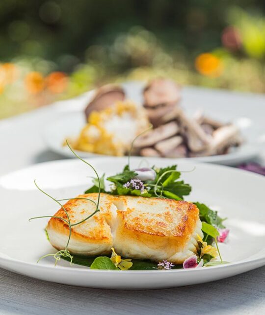 Con Amor chef prepared pan seared halibut with pea puree and herb salad with nasturtium leaves and guava petals