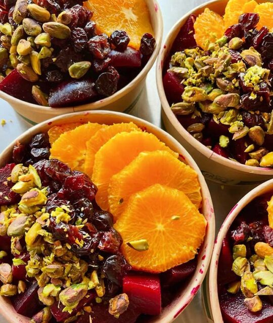 Roasted and marinated beets with citrus, pistachio and dried cranberries