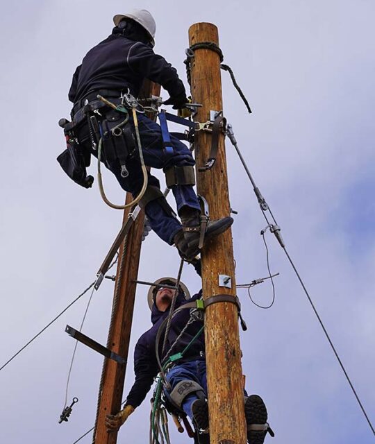 Kit Carson Electric linemen on pole working.