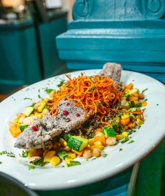 Plated trout over succotash from La Luna @ La Fonda
