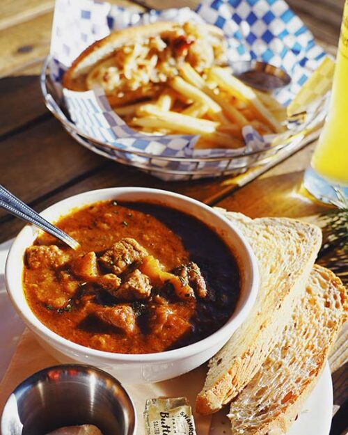 German goulash, bread, brat and beer.