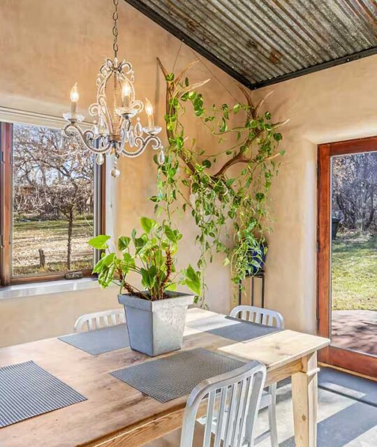 Dining area with small chandelier lighting and plants overlooking an orchard.
