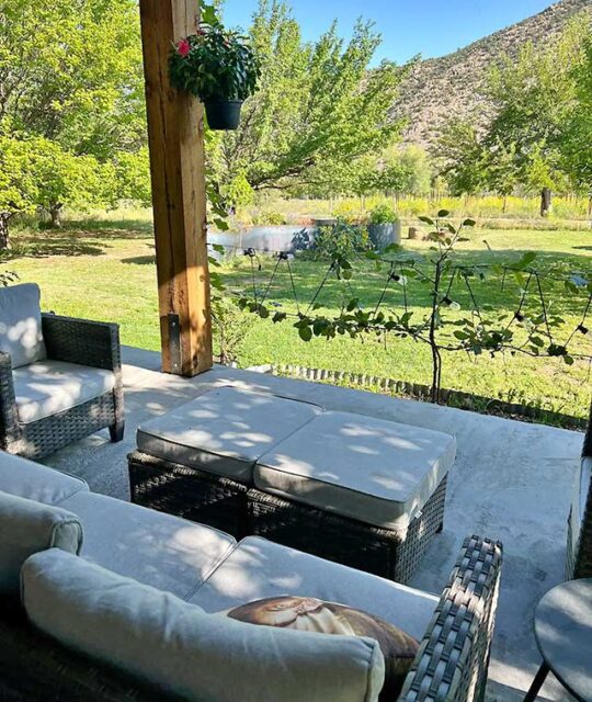Relaxing porch view overlooking a vineyard near Dixon, New Mexico.