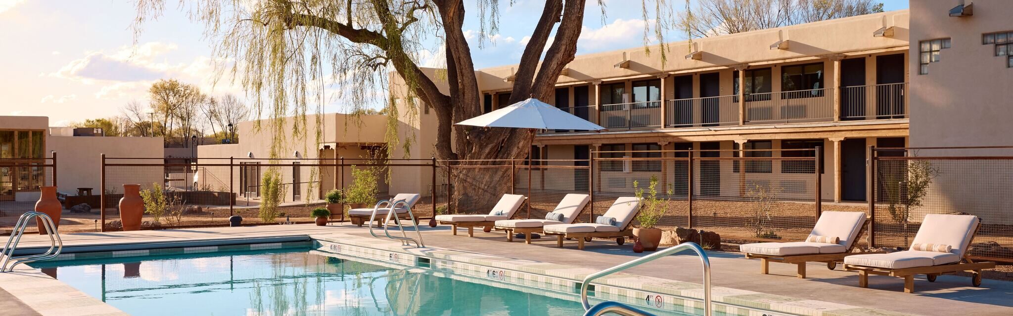 Pool with chairs around it and large tree behind it