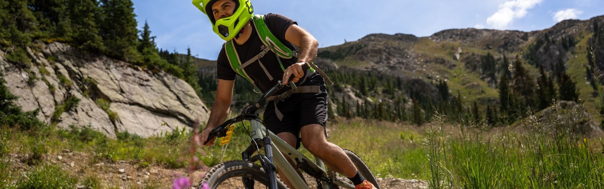 Person riding a bike down a mountain.